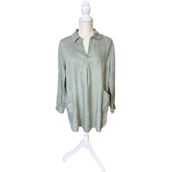 Soft Surroundings Top 100% Linen Womens Large Green Popover Blouse Langenlook - Picture 2 of 10
